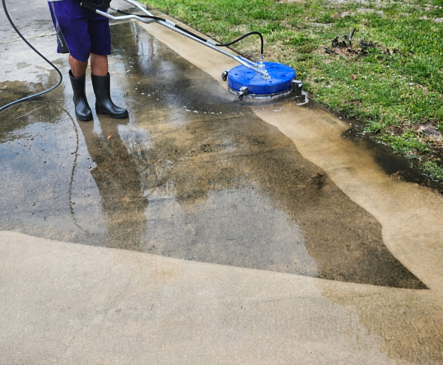 Concrete driveway pressure washing, surface cleaner removing dirt and algae in Vero Beach, FL